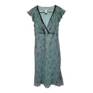 Dressbarn Women's Floral Long Teal Dress with Ruffle Sleeves - Size 10